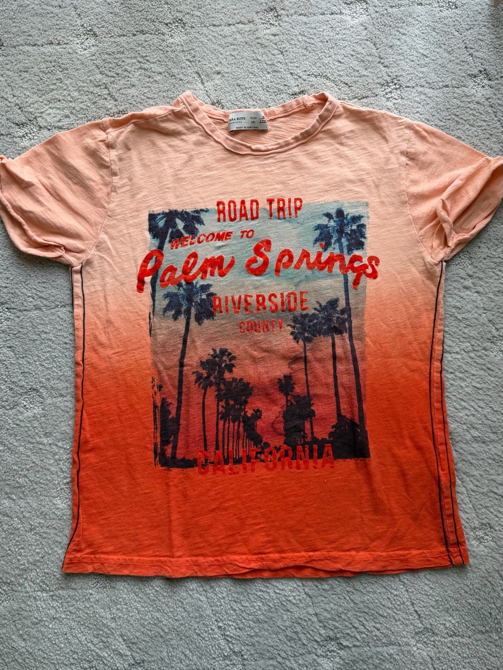 Zara boys Palm Springs Ombre Orange Kids Graphic short sleeve Tee shirt sz 8